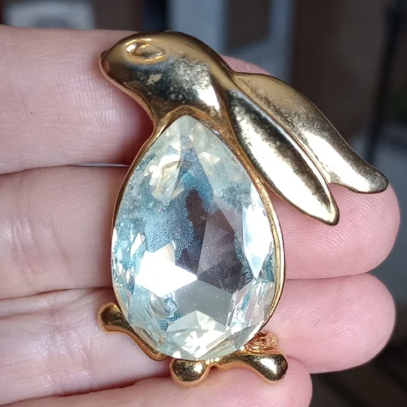 Gold Rabbit Brooch with Clear Gem - Picture 1 of 2